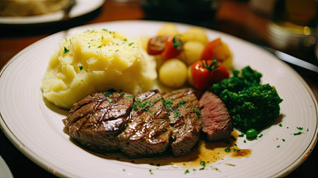 some food that is on a plate with potatoes, broccos, and broiled green vecchiniの素材