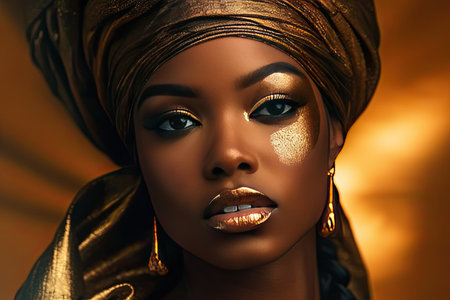 an african woman with gold makeup and head wraps, wearing a black turbal in front of her faceの素材