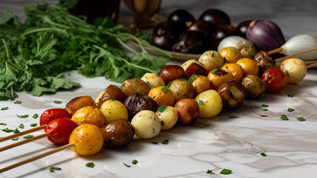 some food that is on a marble counter with chops and vegetables in the background to be used for cookingの素材
