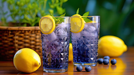 two glasses with lemons and blueberries in them on a wooden table next to a basket of green leavesの素材