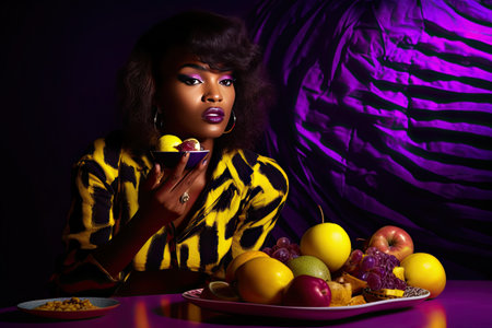 a woman sitting at a table with fruits and fruit in front of her, while she is holding a knifeの素材