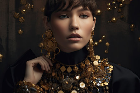 a woman wearing gold jewelry and looking at the camera with her hand on her shoulder, surrounded by golden coinsの素材
