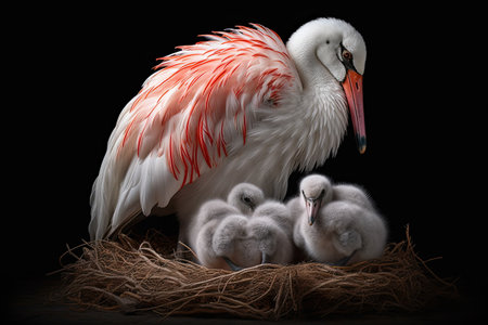 a white bird with red feathers on its head and two baby birds in the photo is taken from aboveの素材