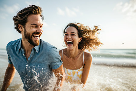 a man and woman running in the water at the beach with their hair blowing in the wind while they are laughingの素材