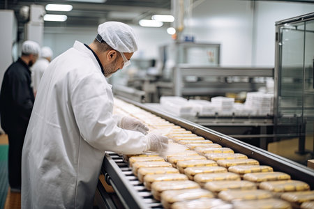 a man working in a factory with doughs on the convey while other workers are behind him and looking at themの素材