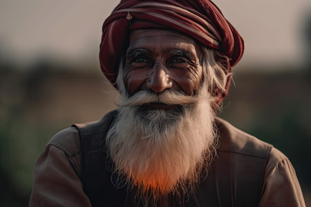 an old man with white beard and red tuknota hat, jaigarh, jaipur, rajasthan, indiaの素材