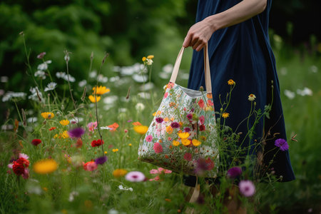 a woman holding a bag in a field full of wildflowers and daies, with her hand on the handleの素材