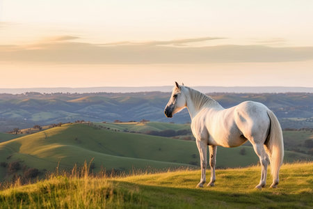 a white horse standing on top of a grass covered hill with hills in the background and clouds overhead above itの素材