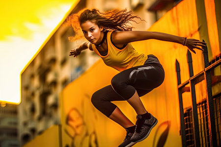 a young woman jumping in the air with her hair flying through the air and looking into the camera lens, she is wearing blackの素材