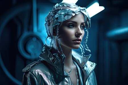 a woman wearing a silver jacket and head scarf, in the background is an image of a futuristic space stationの素材