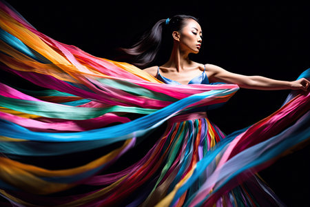a woman with long hair and flowing in the wind she is wearing a dress made from multi - colored fabricの素材