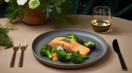 some food on a plate with a glass of wine in the background and a bottle of white wine next to itの素材