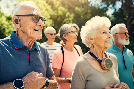 an older man and woman smiling at each other senior people who are standing in the background with their hands togetherの素材
