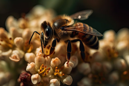a bee sitting on top of a bunch of flowers with its eyes closed, looking at the camera and to the rightの素材