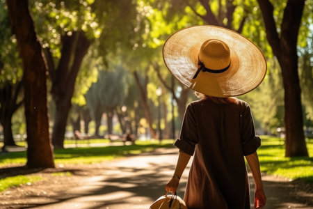a woman wearing a hat and carrying a suitcase walking down a path with trees in the background on a sunny dayの素材