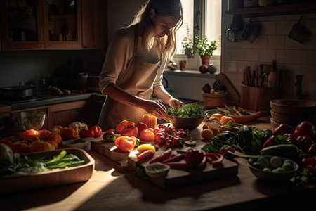 a woman in the kitchen preparing food for her dinner with tomatoes, peppers, and other vegetables on the counterの素材