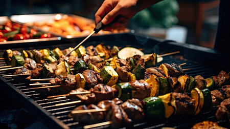 some food being cooked on a grilling pan with tongs in its hand and someone is about to eat the meatの素材