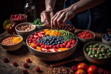 someone adding fruit into a bowl on a wooden table with bowls of berries, nuts and other fruits in the backgroundの素材