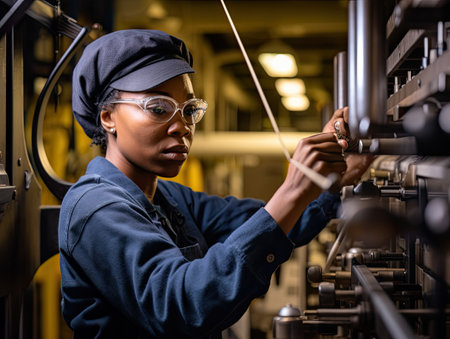 a woman working on an assembly line in a factory, she is looking at the camera and has her eyes closedの素材