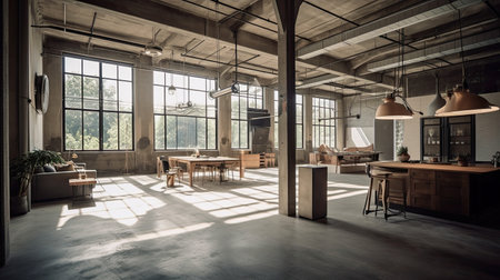 an industrial style kitchen and living room with lots of natural light coming in the window panoray image is taken from aboveの素材