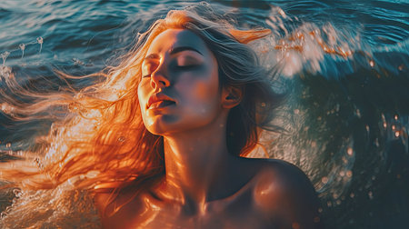 a woman with her hair blowing in the wind, looking into the distance and to the right she is wearing a black bikini topの素材
