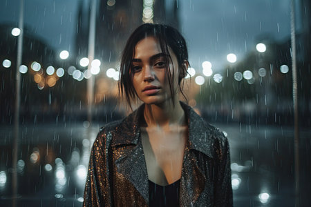 a woman standing in the rain with her eyes closed and looking at the camera she is wearing a shiny gold jacketの素材