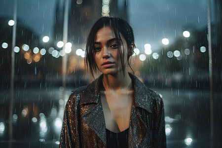 a woman standing in the rain with her eyes closed and looking at the camera she is wearing a shiny gold jacketの素材