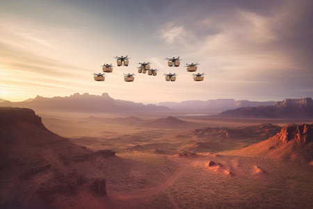 three helicopters flying in the sky over a desert area with rocks and mountains on either side, one is looking down at the otherの素材