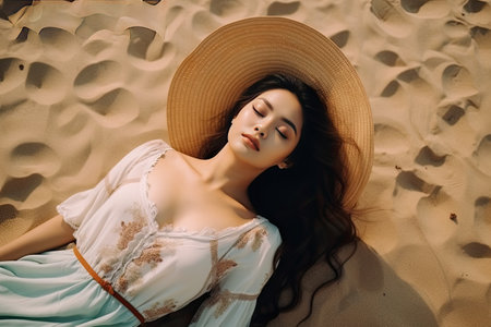 a woman laying in the sand wearing a straw hat and white dress, with her eyes closed she is looking at the cameraの素材