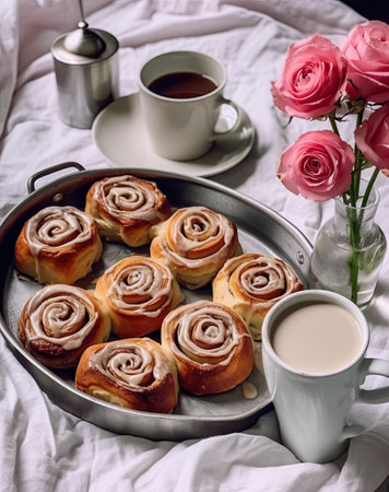 some pastries in a pan on a white tablecloth with pink roses and a cup of coffee next to itの素材