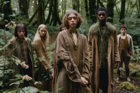 four people standing in the woods, one is wearing a long brown coat and the other is looking at the cameraの素材