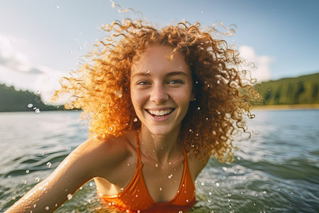 a young woman in the water with her hair blowing back to the camera, smiling and looking at the cameraの素材
