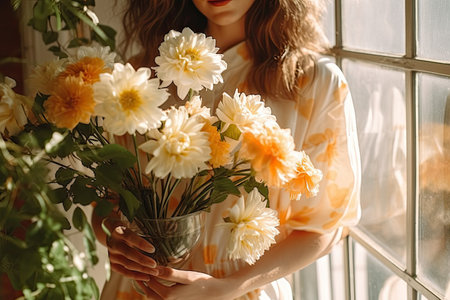 a woman holding flowers in front of a window with the sun shining through it and looking out at her outsideの素材