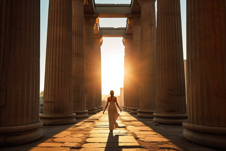 a woman standing in front of some pillars with the sun setting behind her, as if shes walking awayの素材