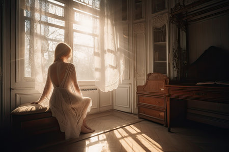 a woman sitting on the floor in front of a window with sunlight streaming through it and casting her shadow onto the floorの素材