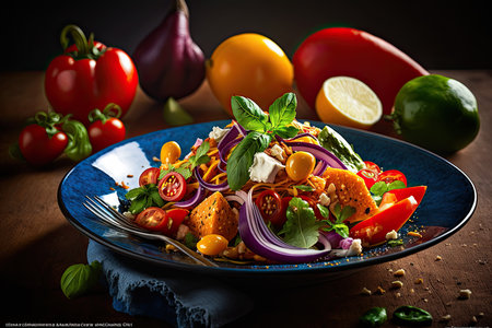 a plate of food with tomatoes, onions, and other vegetables on the table next to it is a forked knifeの素材