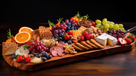 fruit, cheese and cracks on a wooden cutting board with a knife in the background is a black backdropの素材