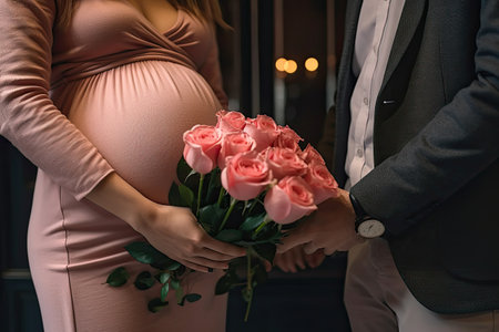 a pregnant woman holding a bouquet of pink roses with a man in the background standing next to her and wearing a suitの素材