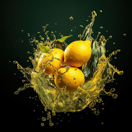 oranges and lemons splashing into the water on a black background with copy space in the top right cornerの素材