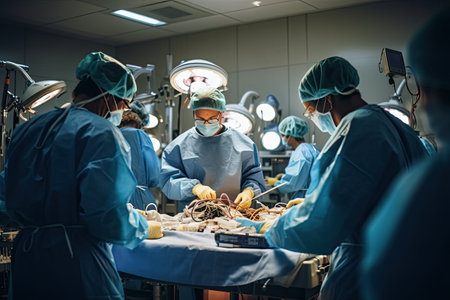 some surgeons working in an operating room with food on the table and other medical staffs standing around to prepare for surgeryの素材
