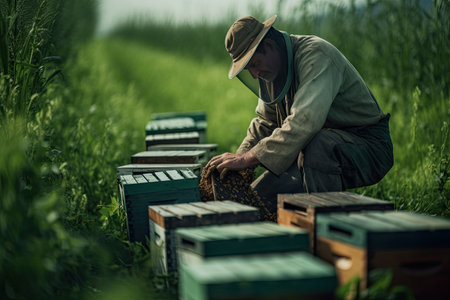 a beekeeper working on hives in the wildflower field, with bees being collected by his crew membersの素材