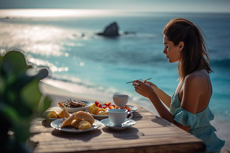 a woman sitting at a table with food on it and the ocean in the background, while she is eating her mealの素材