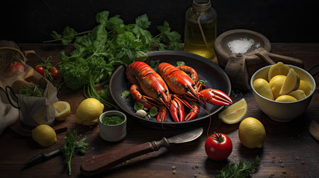 lobsters and lemons on a wooden cutting board with other ingredients in the photo is taken from above itの素材