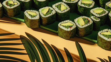 some sui rolls with avocas and other food items on a green tray that is sitting on a tableの素材