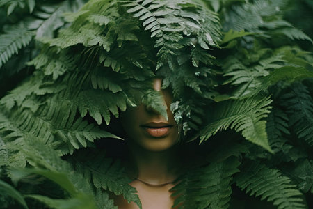 a womans face surrounded by green leaves, with her eyes closed to the camera as she looks into the cameraの素材