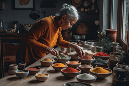 an older woman preparing food in her kitchen with bowls and spoons on the table, as she prepares to prepare for dinnerの素材