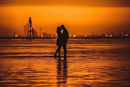 a man and woman kissing in the water at sunset with an orange sky behind them are silhouetted against each other buildingsの素材