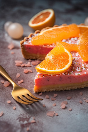 an orange dessert on a plate with a fork and two slices cut in half to show how its madeの素材