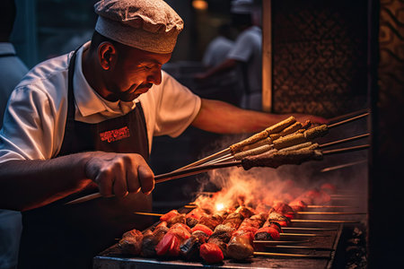 a chef cooking meat on the grill with chops and tongs in front of himas restaurantの素材
