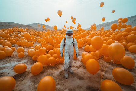an astronaut standing in the middle of a field full of orange balloons, with a blue sky and sun behind himの素材